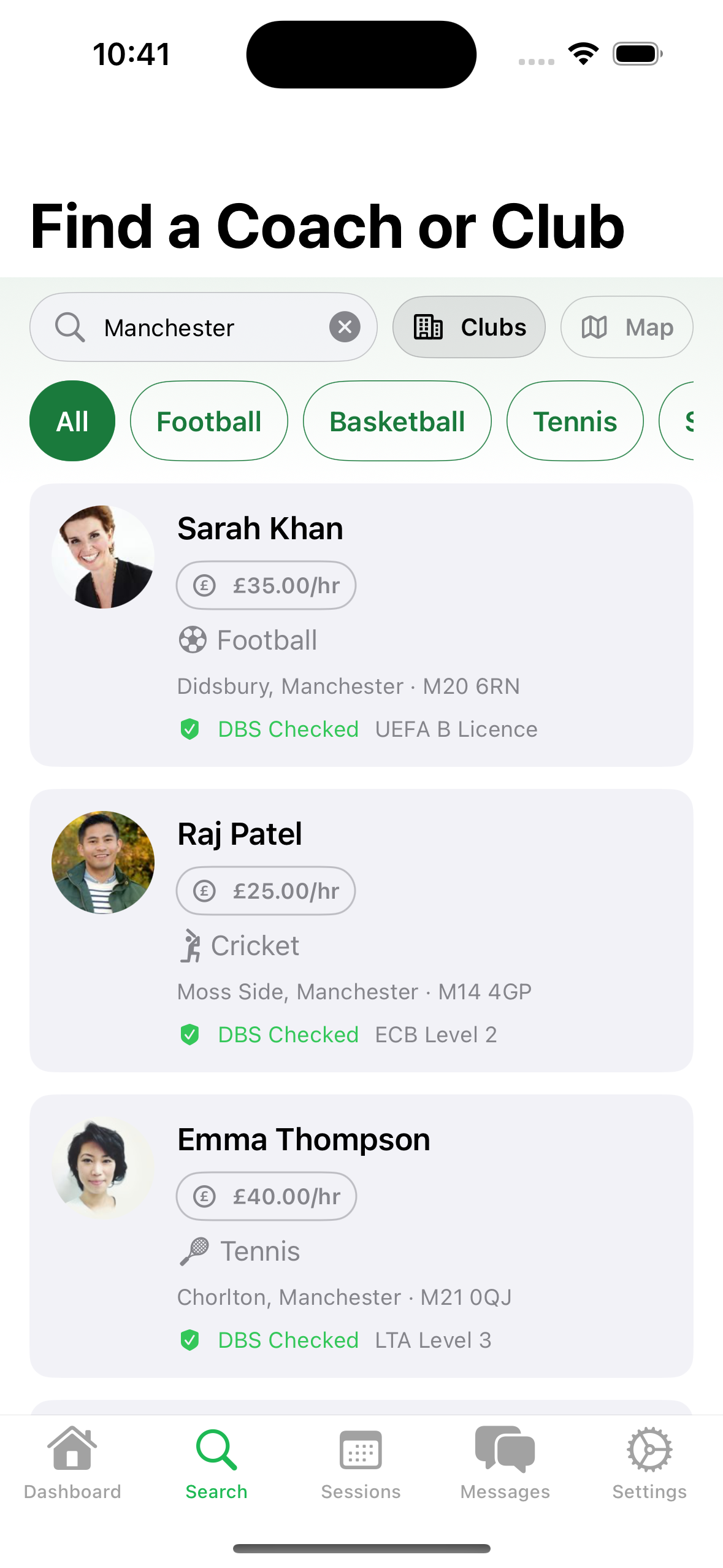 Coachii search results showing local coaches near you