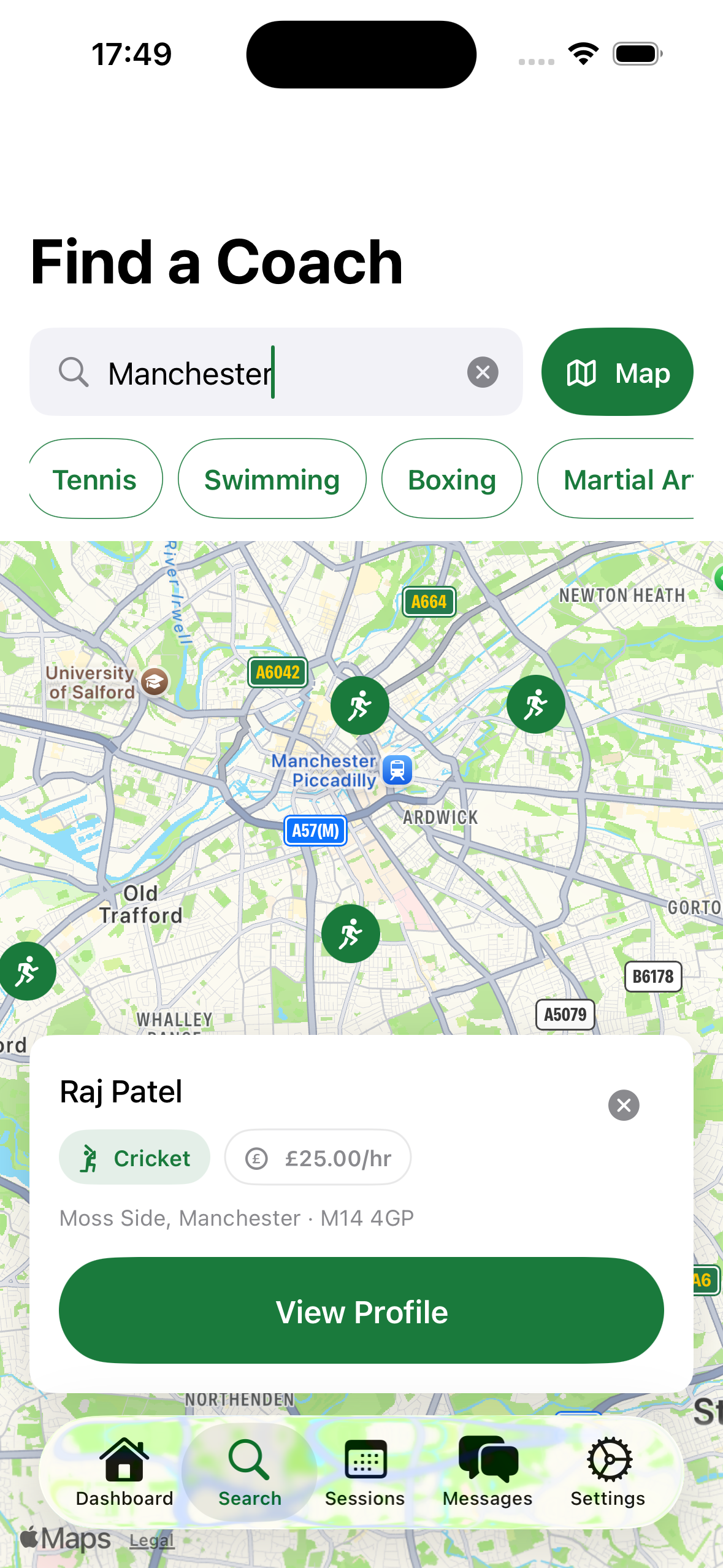 Coachii map view showing local coaches near you
